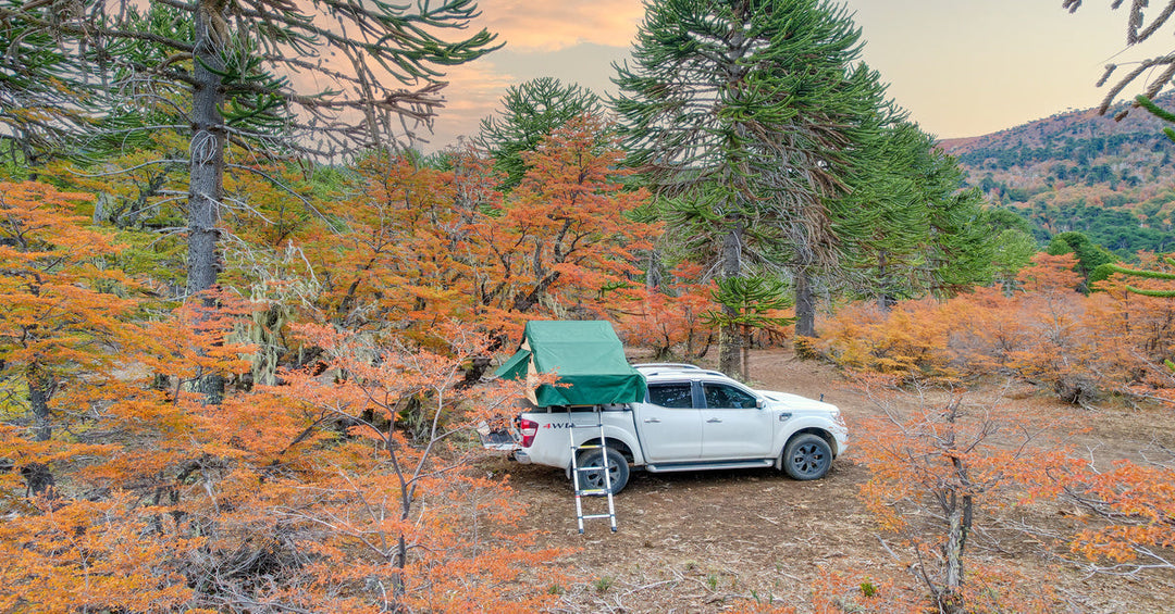 White pickup truck with a green awning attached to the bed parked in the middle of a forest with orange colors.