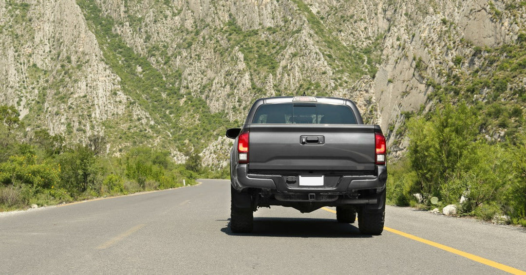 A grey pickup truck driving on a concrete road with multiple green bushes on the side, next to a tall dry mountain.