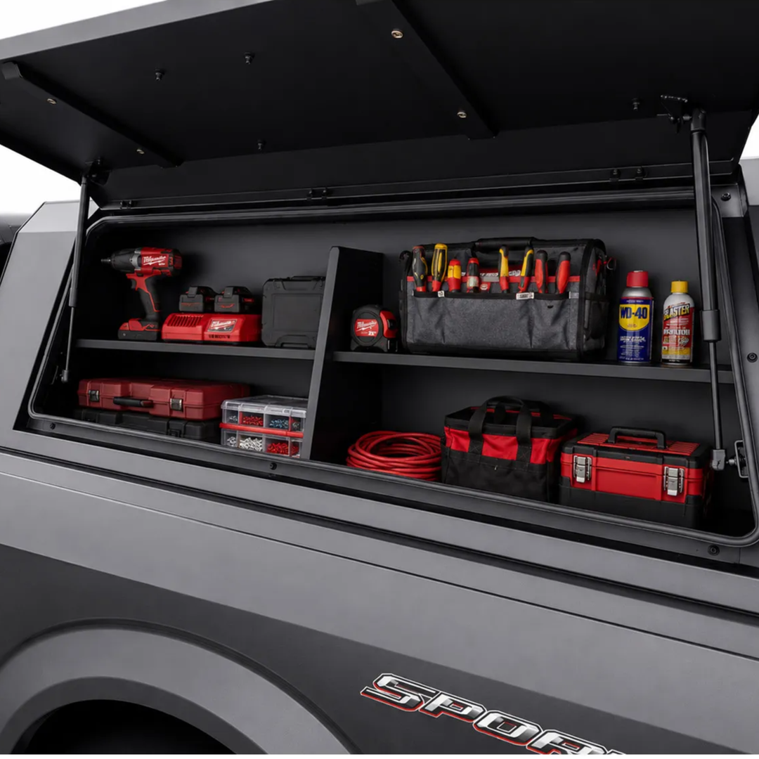 Bed Cap Side Storage Box with Built-In Shelf Divider | Full Sized Trucks | LAX
